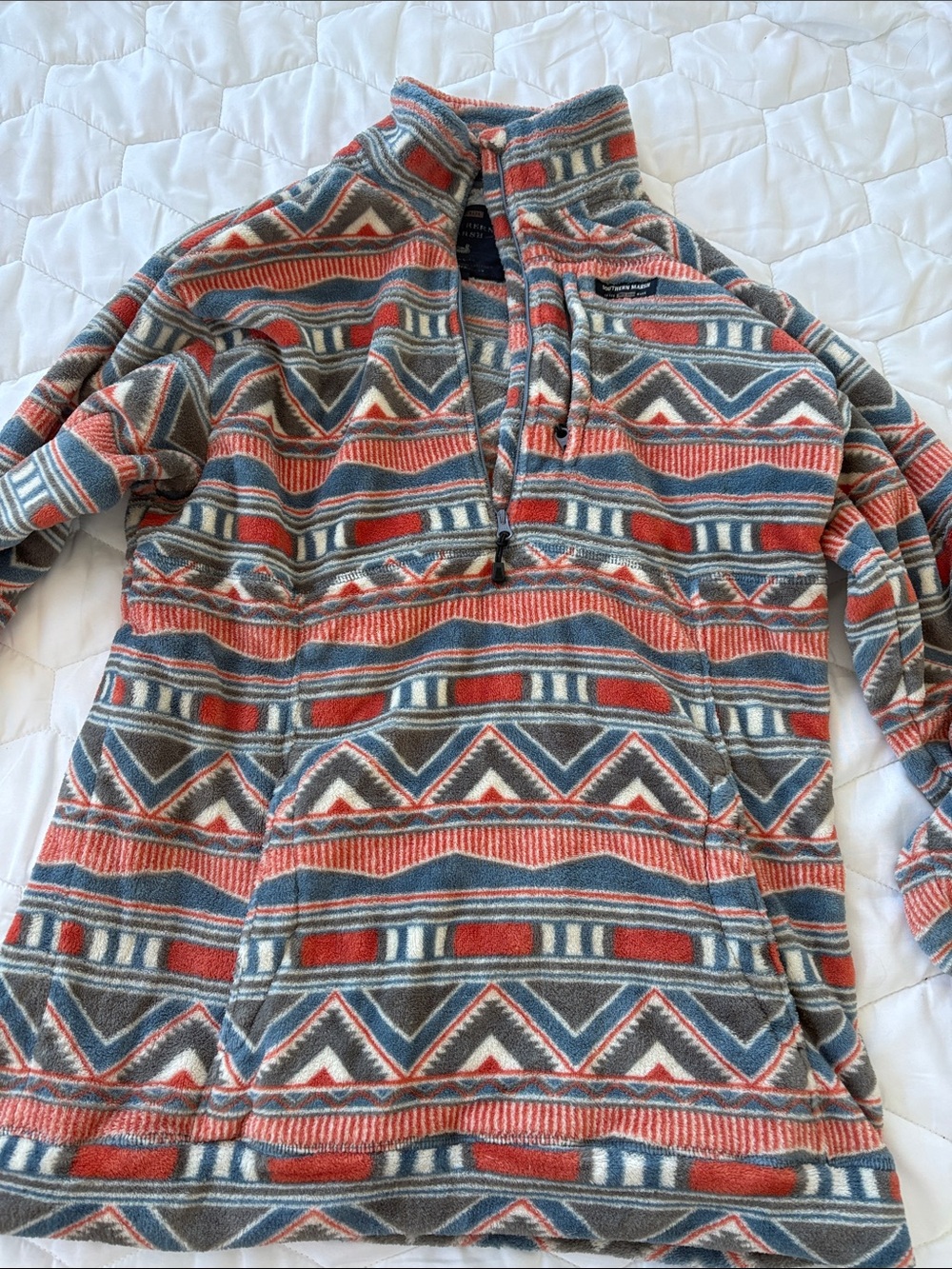Southern Marsh Men's Zip-Up Geometric Fleece Pullover - Coral & Slate